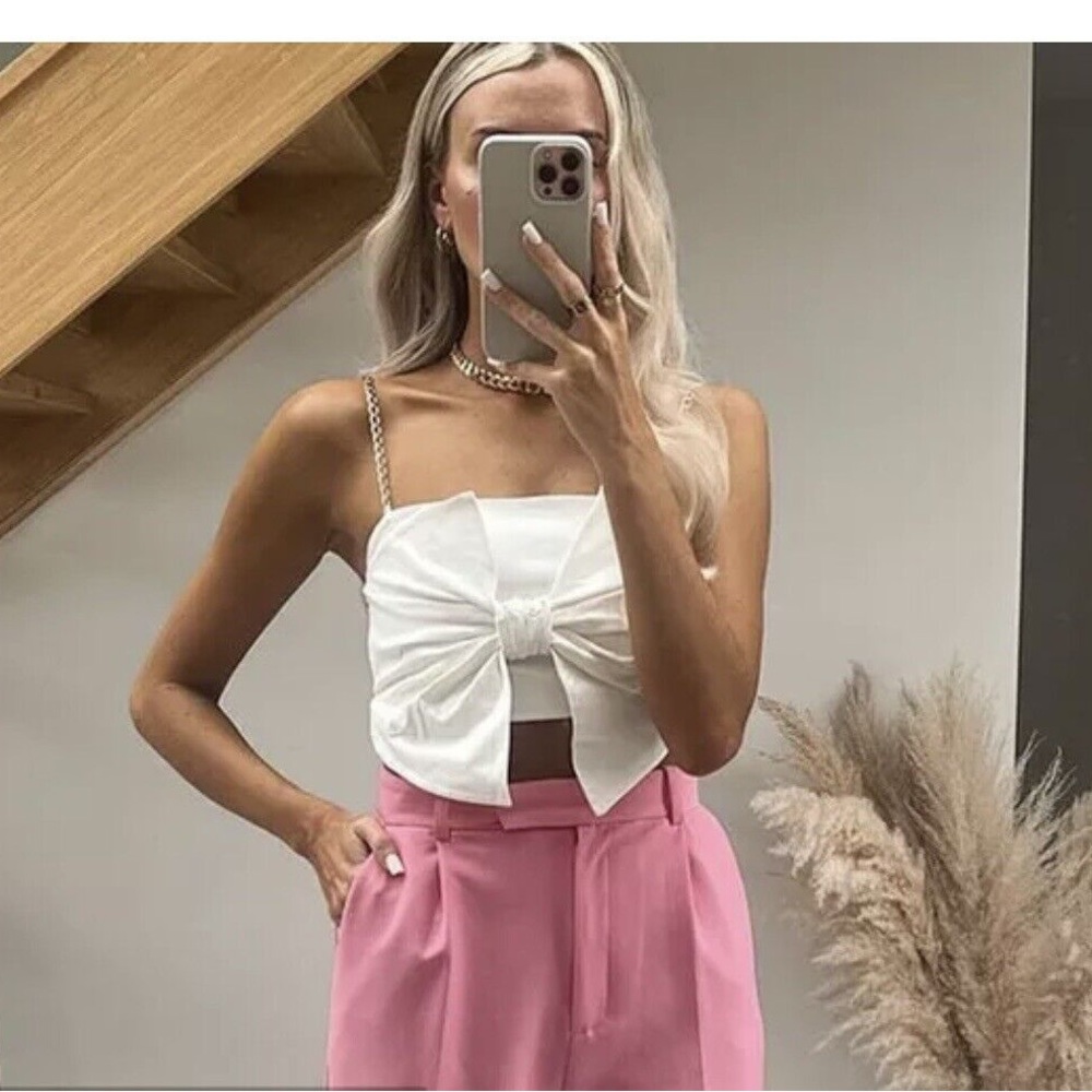 Zara White Bow Gold Chain Straps Stretchy Crop Top